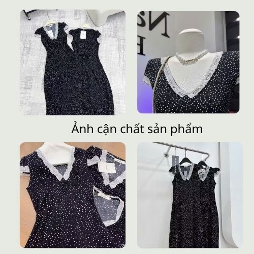 Váy nữ chấm bi dáng dài cổ V viền ren trắng, đầm nữ phong cách tiểu thư dịu dàng HCOM25757
