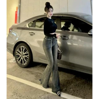 Quần dài jeans ống loe màu bạc THÊU CHỮ Y.S.L hotrend 2025