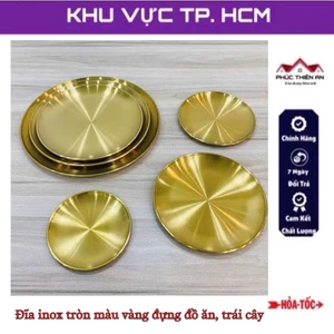 Đĩa inox tròn màu vàng đựng đồ ăn, trái cây - tiện dụng, siêu bền
