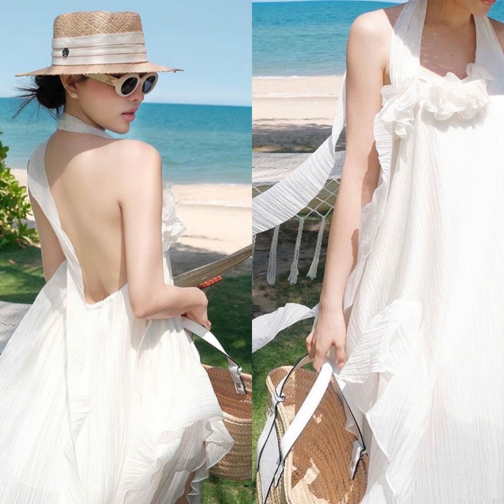 YNN STUDIO Đầm cổ yếm hở lưng đi biển dáng dài maxi hoa 3D (Dáng xuông rộng ko chiết eo)