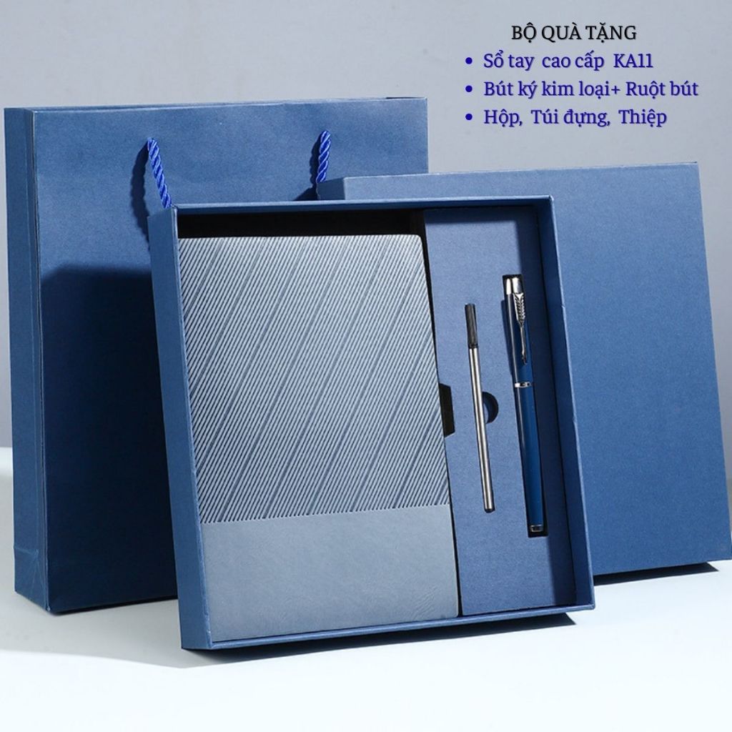 Set sổ bút quà tặng 200 trang, có ngòi thay, bộ quà kèm hộp và túi, thiệp
