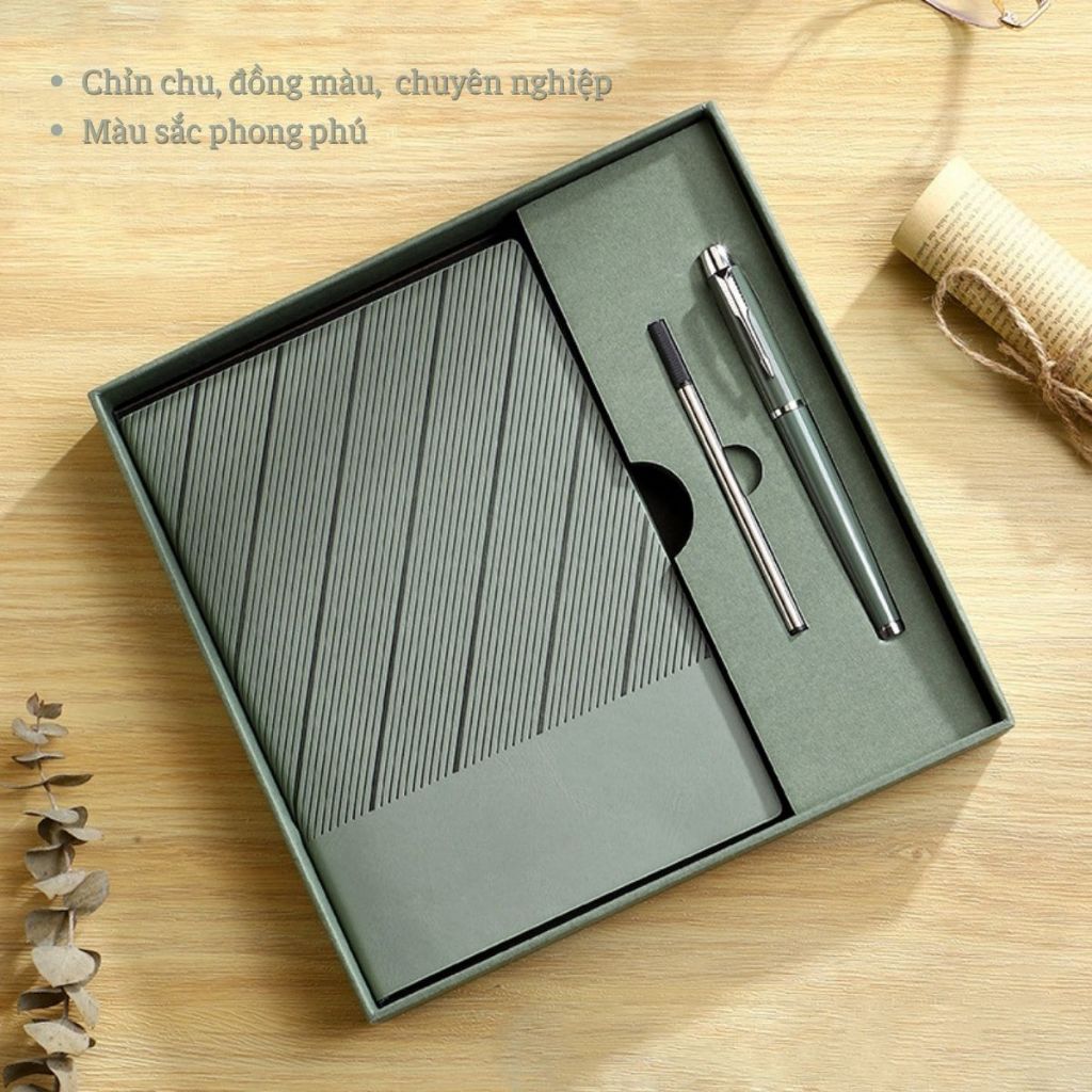 Set sổ bút quà tặng 200 trang, có ngòi thay, bộ quà kèm hộp và túi, thiệp