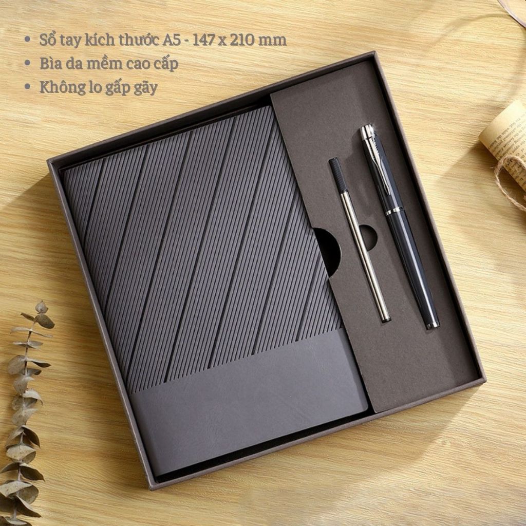 Set sổ bút quà tặng 200 trang, có ngòi thay, bộ quà kèm hộp và túi, thiệp