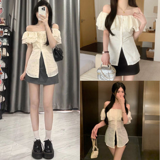 Áo kiểu nữ trễ vai form dài bèo nhún nhẹ tay ngắn cổ rộng vải cotton màu be đẹp VANISA CT063