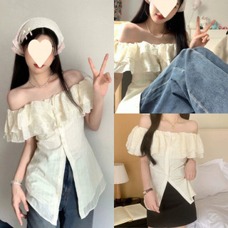 Áo nữ trễ vai phong cách Hàn Quốc tay bồng bèo to vải đũi thoáng màu be nhẹ VANISA CT063