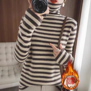 Áo len dệt kim Kẻ sọc sang trọng nhẹ nhàng,Áo nữ mặc trong cổ cao mềm thu đông