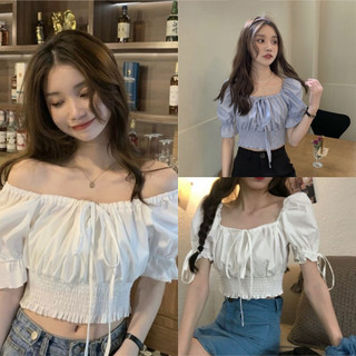 Áo croptop nữ trễ vai tay phồng nhún ngực thắt dây nơ eo bo chun dễ thương VANISA CT065