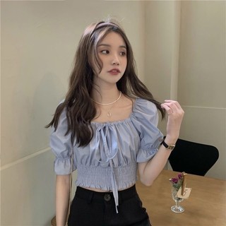 Áo trễ vai nữ dáng ngắn tay bồng bo eo thắt nơ ngực chất cotton mịn màu trắng VANISA CT065