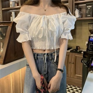 Áo trễ vai nữ dáng ngắn tay bồng bo eo thắt nơ ngực chất cotton mịn màu trắng VANISA CT065
