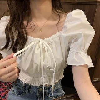 Áo trễ vai nữ dáng ngắn tay bồng bo eo thắt nơ ngực chất cotton mịn màu trắng VANISA CT065