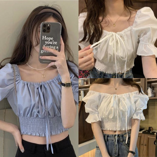 Áo trễ vai nữ dáng ngắn tay bồng bo eo thắt nơ ngực chất cotton mịn màu trắng VANISA CT065