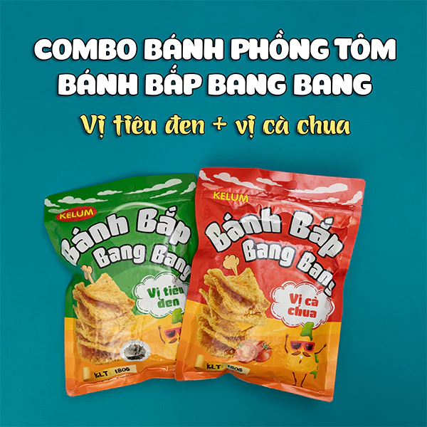 Combo Bánh Snack Ăn Vặt Phồng Tôm Kelum 120g, Bánh Bắp Bang Bang 180g