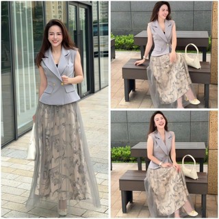 Set thiết kế áo cổ vest không tay khuy đồng 2 nắp túi mix chân váy lưới 3 lớp dáng dài Eva hamichi