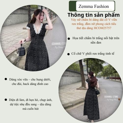 Váy nữ chấm bi dáng dài cổ V viền ren trắng, đầm nữ phong cách tiểu thư dịu dàng HCOM25757