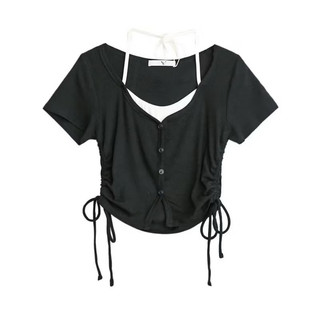 Áo croptop nữ tay ngắn phối dây vai rút eo hai bên form ngắn chất thun co giãn VANISA CT070