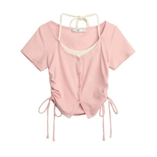 Áo croptop nữ tay ngắn phối dây vai rút eo hai bên form ngắn chất thun co giãn VANISA CT070