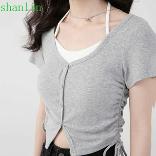 Áo croptop nữ tay ngắn phối dây vai rút eo hai bên form ngắn chất thun co giãn VANISA CT070