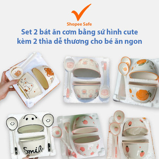 Set 2 bát ăn cơm bằng sứ hình cute kèm 2 thìa dễ thương cho bé ăn ngon miệng mỗi ngày
