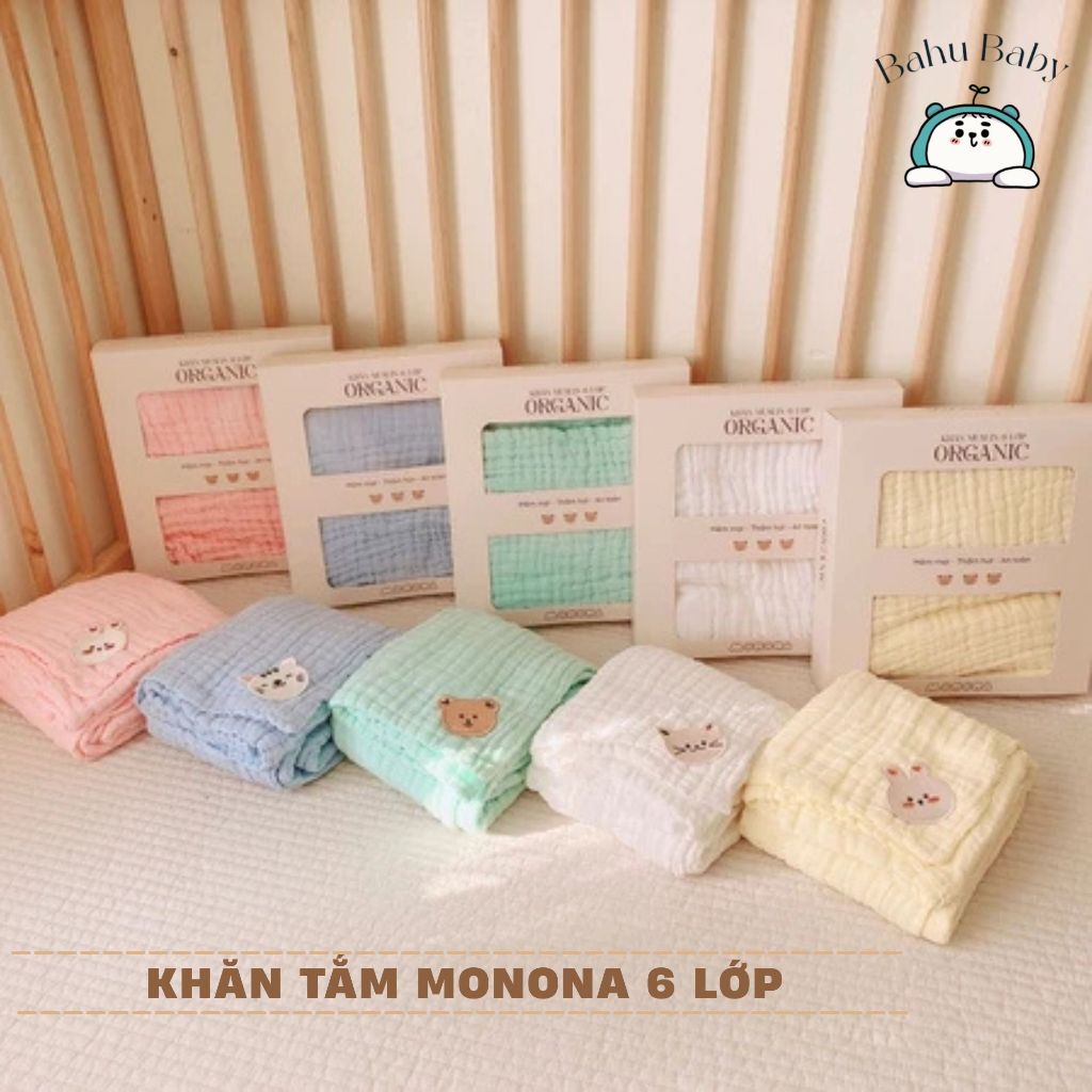 Khăn tắm 6 lớp organic MONONA mềm mịn kháng khuẩn, thấm hút tốt, màu trơn thêu họa tiết đáng yêu 100x110- Bahu_Baby