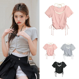 Áo croptop nữ tay ngắn phối dây vai rút eo hai bên form ngắn chất thun co giãn VANISA CT070