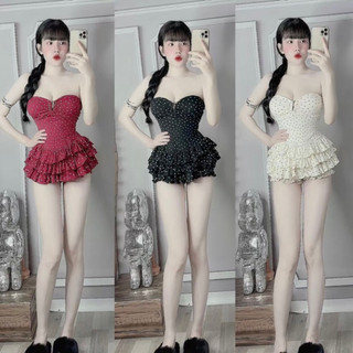 Sét 2 món áo ống cúp khoét u + chân váy ngắn tầng chấm bi