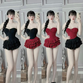 Sét 2 món áo ống cúp khoét u + chân váy ngắn tầng chấm bi