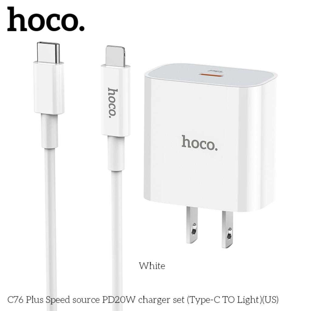 Bộ Củ Cáp Sạc Nhanh PD20W Hoco C76 Plus 3A Kèm Cáp Type-C To I.P 1M Tương Thích IP 6/7/8/X/11/12/13/14/Pro/Max
