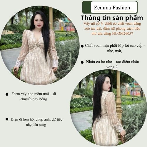 Váy nữ cổ V chiết eo chất voan dáng xoè tay dài, đầm nữ phong cách tiểu thư dịu dàng HCOM26057