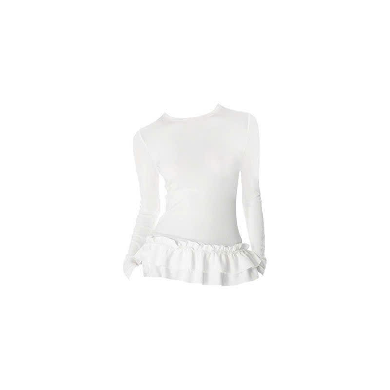(SẴN)Áo thun dài tay màu trắng trơn kết hợp viền bèo phong cách Ballet Core ATDT043 - Tiktik