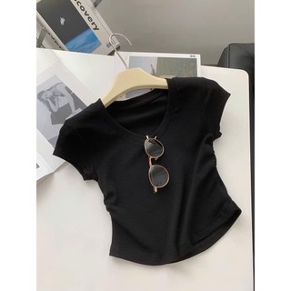 Áo Thun, Áo babytee croptop nữ cổ tim rúm eo