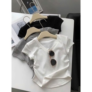Áo Thun, Áo babytee croptop nữ cổ tim rúm eo