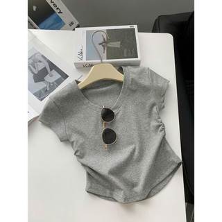 Áo Thun, Áo babytee croptop nữ cổ tim rúm eo
