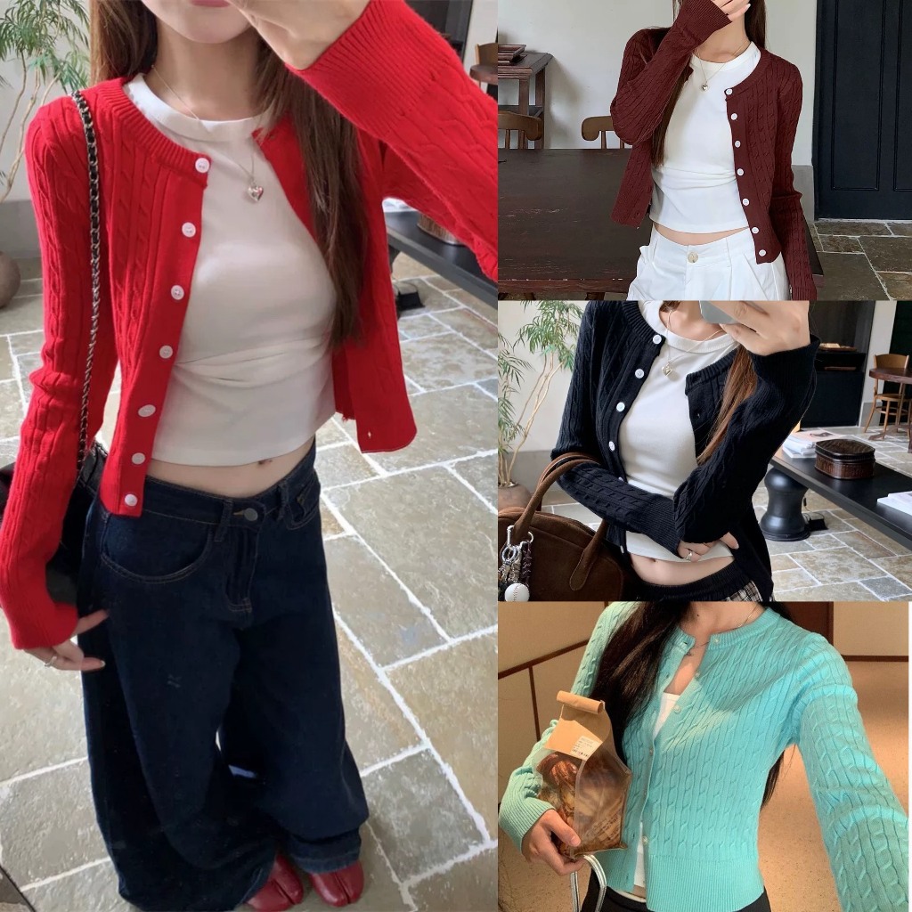 (sẵn)Áo cardigan len màu trơn đỏ đen xanh nâu basic cơ bản cổ tròn chất dày dặn CDG010 - Tiktik