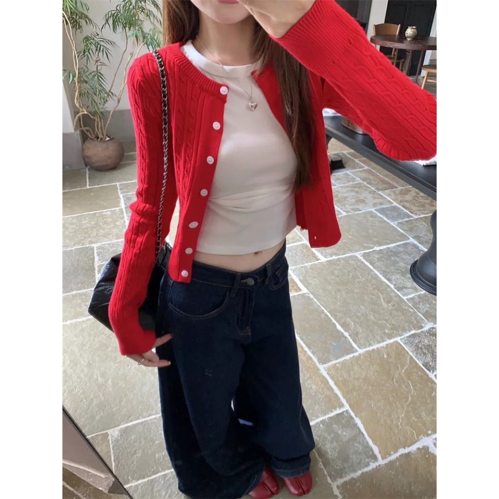 (sẵn)Áo cardigan len màu trơn đỏ đen xanh nâu basic cơ bản cổ tròn chất dày dặn CDG010 - Tiktik