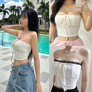 Áo ống nữ thun gân đục lỗ phối ren dây rút ngực dáng croptop ôm body siêu xinh VANISA CT072