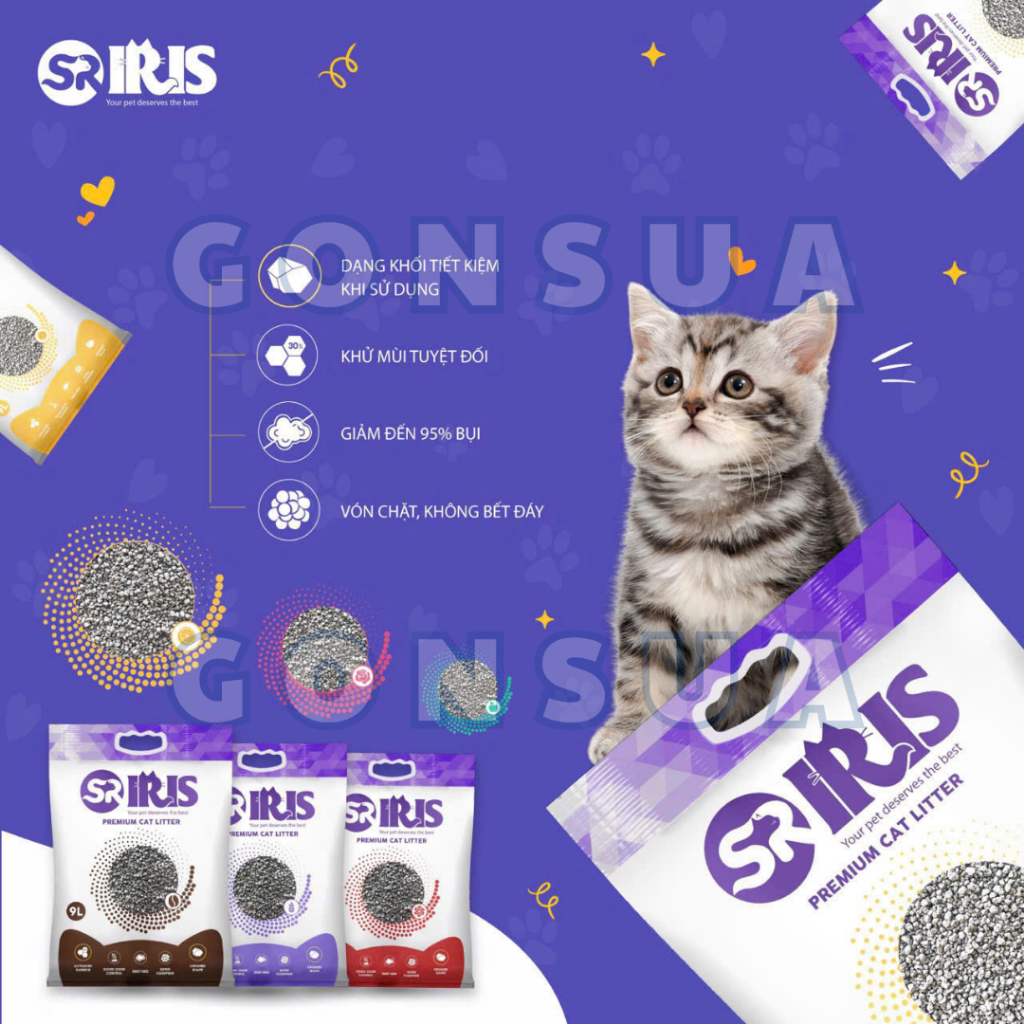 [Tải 6 Bao] Cát Vệ Sinh Mèo Than Hoạt Tính IRIS 9L, Hút Ẩm Tốt, Khử Mùi, Không Bụi, An Toàn Cho Mèo