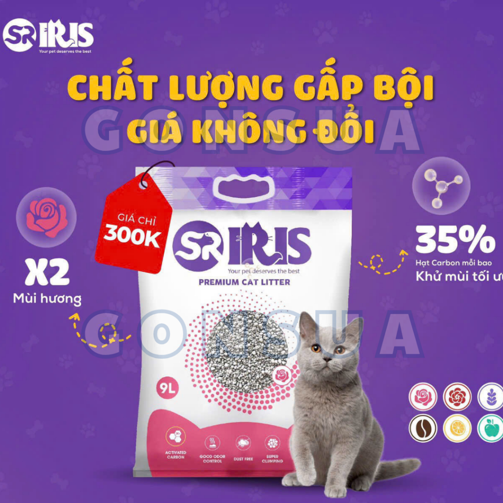 [Tải 6 Bao] Cát Vệ Sinh Mèo Than Hoạt Tính IRIS 9L, Hút Ẩm Tốt, Khử Mùi, Không Bụi, An Toàn Cho Mèo