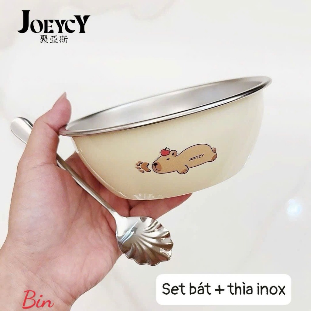 Set bát kèm thí bằng inox hoạ tiết capybara đáng yêu