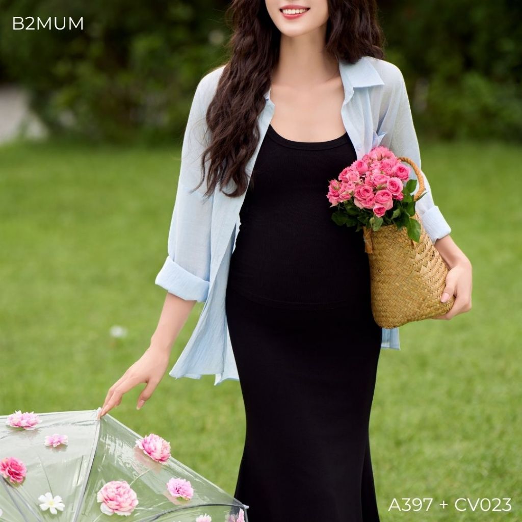 Áo sơ mi chất đũi tơ mềm kết hợp cùng Chân váy đuôi cá dành cho các mẹ bầu và sau sinh - A397 CV023 - B2MUM