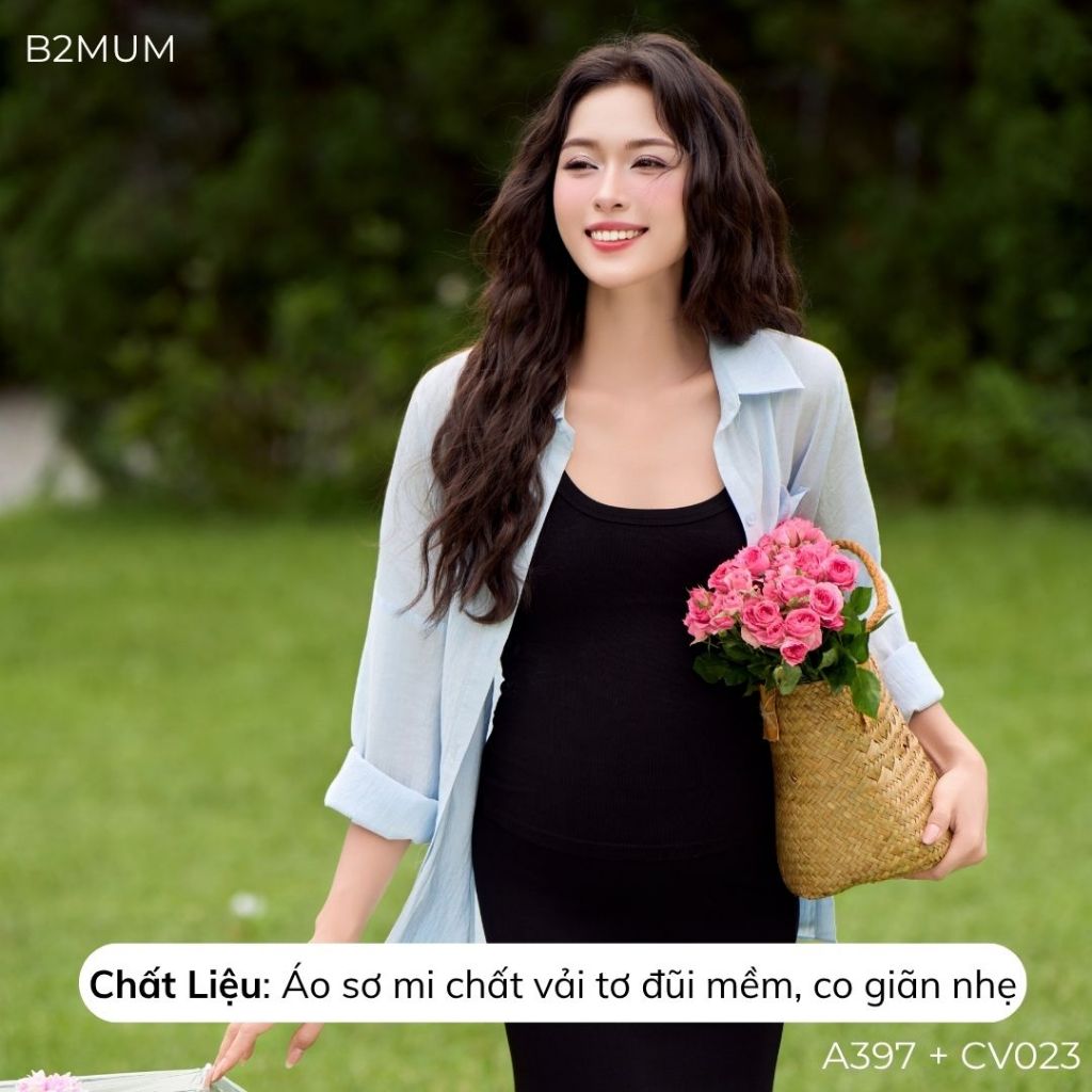 Áo sơ mi chất đũi tơ mềm kết hợp cùng Chân váy đuôi cá dành cho các mẹ bầu và sau sinh - A397 CV023 - B2MUM
