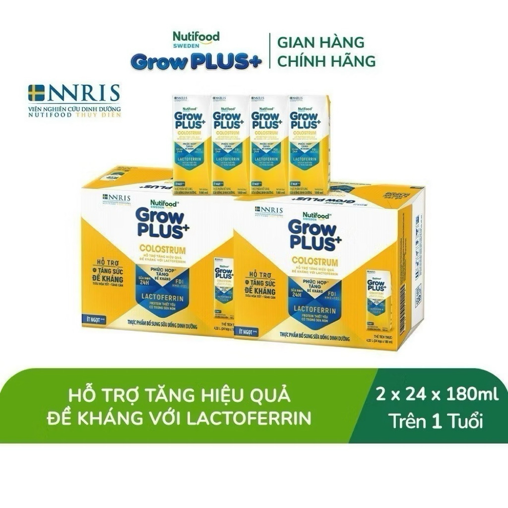 COMBO 2 Thùng 48 Hộp Sữa Bột Pha Sẵn Nutifood Growplus+ Colostrum Lactoferrin 180ml
