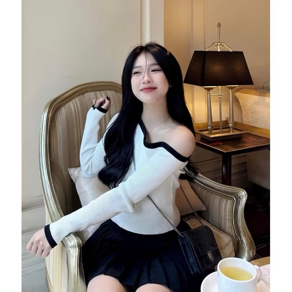 New 2026 Áo len lệch vai dáng ôm croptop tay dài phối màu thời trang Hàn Quốc cho nữ Kèm Ảnh Thật