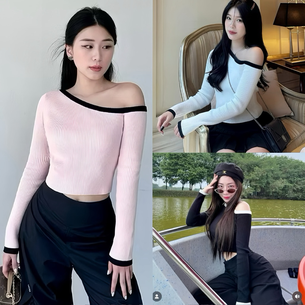 New 2026 Áo len lệch vai dáng ôm croptop tay dài phối màu thời trang Hàn Quốc cho nữ Kèm Ảnh Thật
