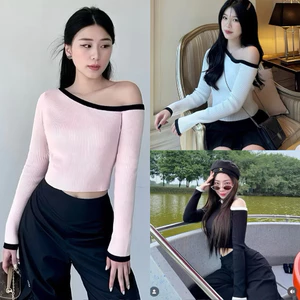 New 2026 Áo len lệch vai dáng ôm croptop tay dài phối màu thời trang Hàn Quốc cho nữ Kèm Ảnh Thật