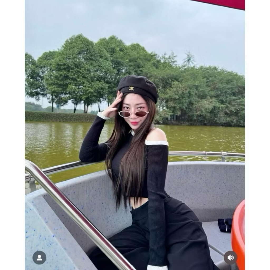 New 2026 Áo len lệch vai dáng ôm croptop tay dài phối màu thời trang Hàn Quốc cho nữ Kèm Ảnh Thật