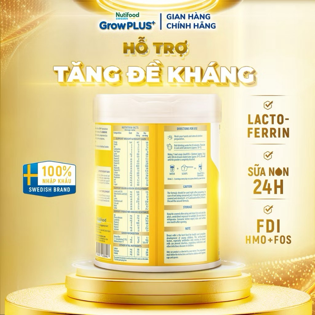 Sữa bột Nutifood Sweden Growplus+ Colostrum Lactoferrin 1+ Lon 800g