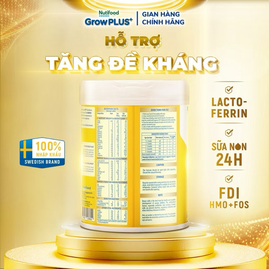 Sữa Bột Sweden GrowPLUS+ Colostrum Lactoferrin 0+ Lon 800g