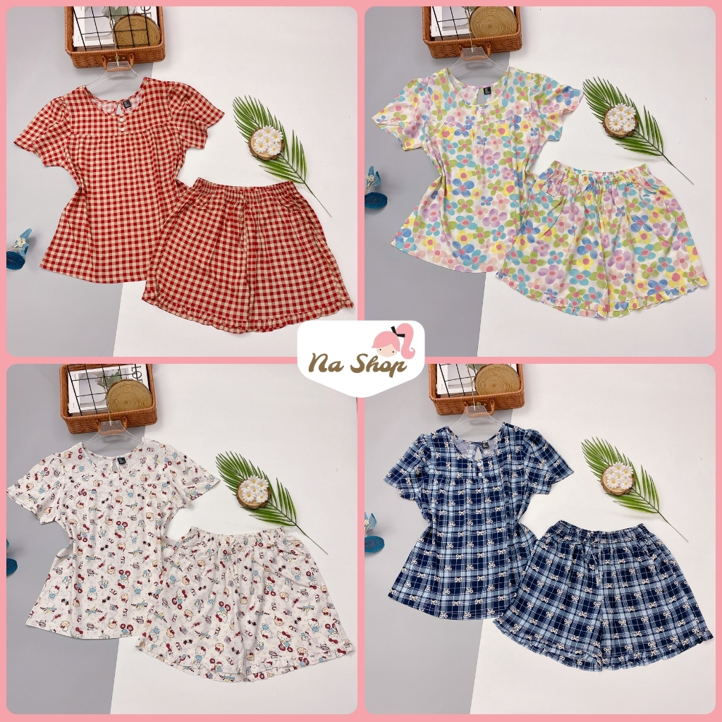 Đồ bộ quần đùi, áo tay bồng, vải tole lanh mát mịn, form dễ mặc, họa tiết dễ thương 40-75kg TBO11