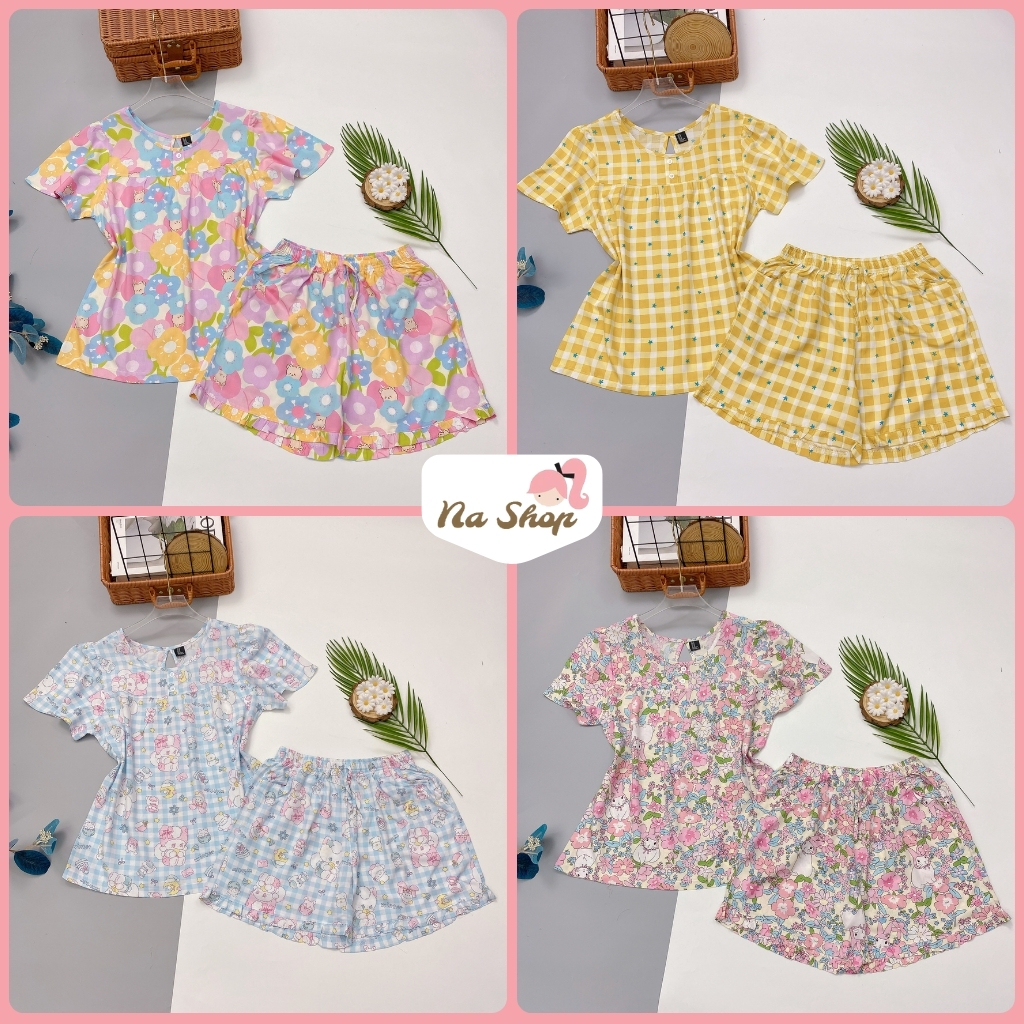 Đồ bộ quần đùi, áo tay bồng, vải tole lanh mát mịn, form dễ mặc, họa tiết dễ thương 40-75kg TBO11