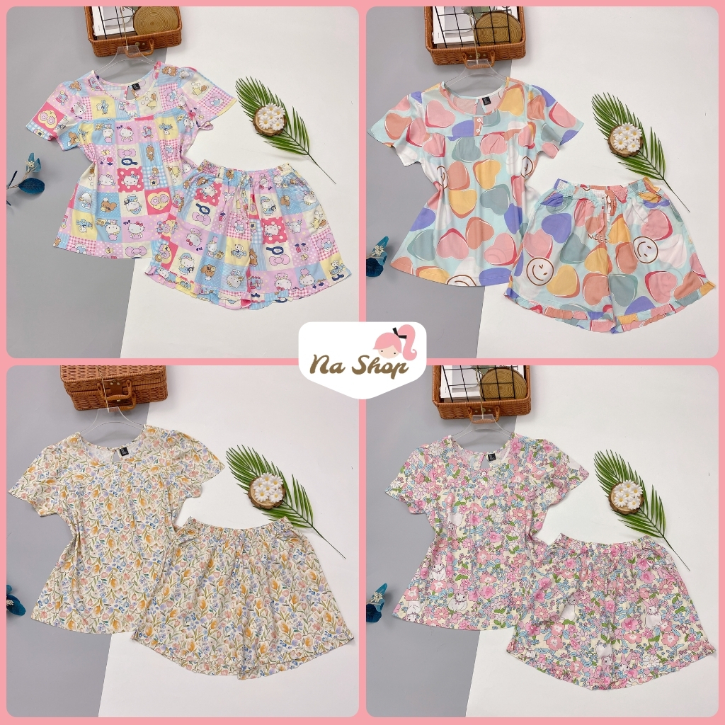 Đồ bộ quần đùi, áo tay bồng, vải tole lanh mát mịn, form dễ mặc, họa tiết dễ thương 40-75kg TBO11